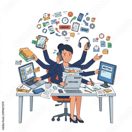 A cartoon businesswoman multitasking with multiple arms at a cluttered desk with computers and office supplies on a white background.