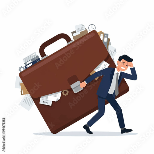 Cartoon businessman struggling to carry an extremely full and heavy briefcase overflowing with papers in a comical illustration.