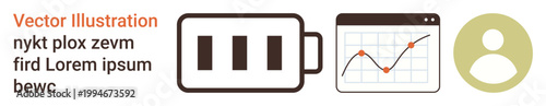 Energy efficiency, analytics, user profiles, performance tracking, technology integration, data visualization. Battery icon, line graph user profile icon. Energy efficiency and analytics concept