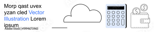 Cloud computing, financial planning, technology tools, online services, data storage, budgeting solutions. Minimalist design with a cloud, calculator and wallet. Cloud computing and financial