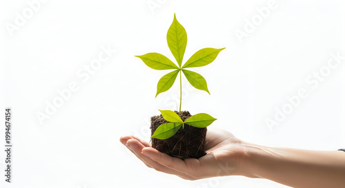 Hand holding a small sapling with vibrant green leaves