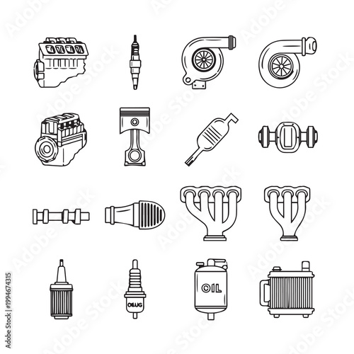 Automotive Engine Components Collection in Clean Line Art Style
