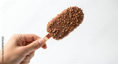Chocolate covered ice cream bar with sprinkles held up