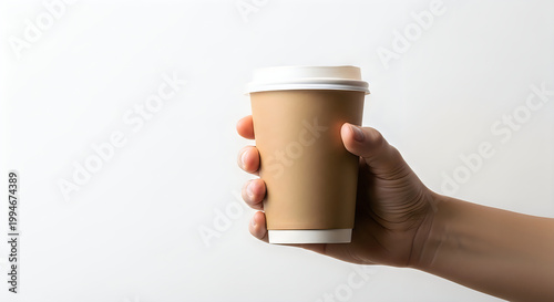 Hand holding a brown paper coffee cup