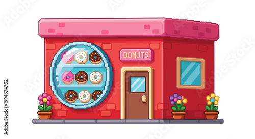A charming pixel art vector illustration of a red donut shop with a pink roof, featuring a circular display window full of colorful donuts.
