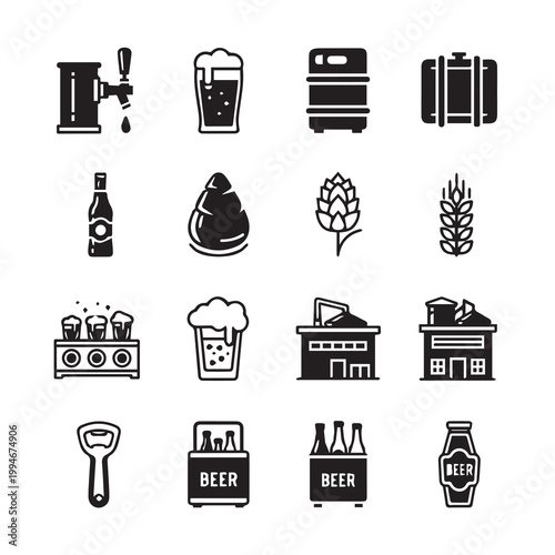 Brewing and Beer Making Icons Set with Tap and Bottles