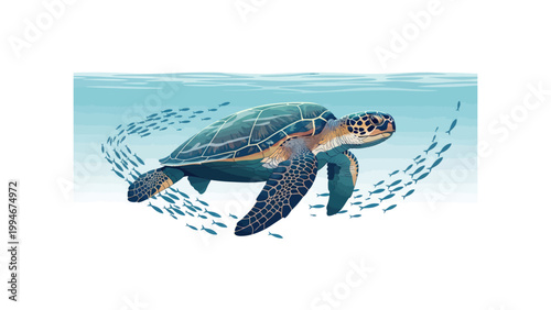 sea turtle swimming with fish in vector illustration
