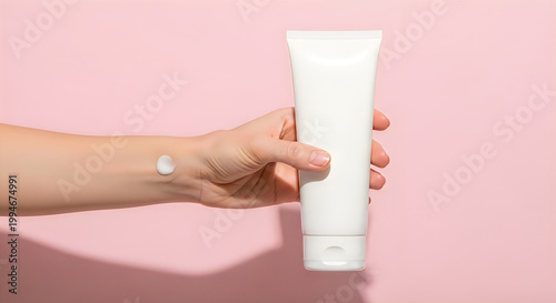 Hand holding white cosmetic tube on pink background