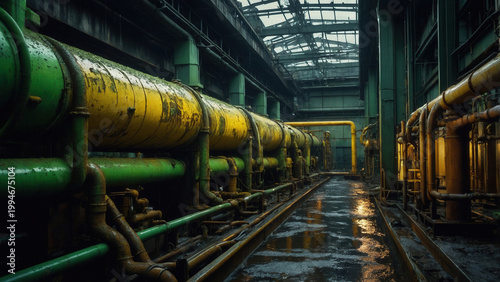 Industrial facility with large rusted metal pipes inside an old factory structure, aging infrastructure in manufacturing, heavy engineering, decay within industrial environments, rusted machinery