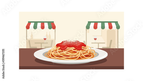 Spaghetti Plate with Food Stalls Vector Illustration