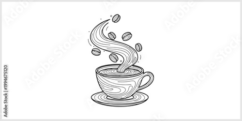 Steaming Cup Of Coffee With Beans And Swirling Aroma