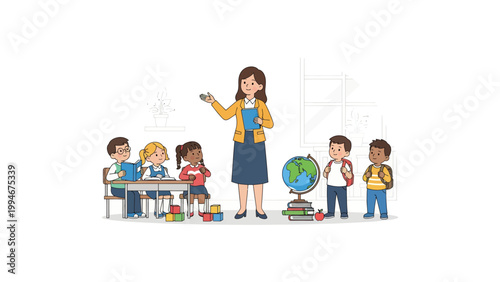 teacher instructing students in classroom with globe and books