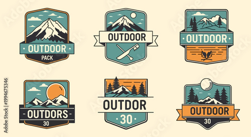 Collection of outdoor adventure badges and labels.