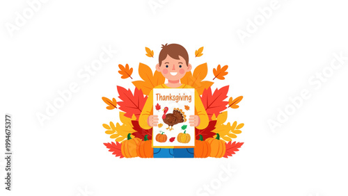 Thanksgiving Child Holding Sign with Autumn Leaves