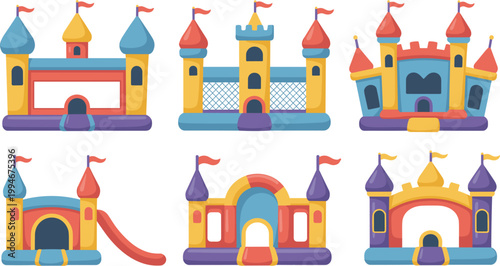 Colorful cartoon castle playground set, fantasy kingdom buildings for kids game illustration and amusement park