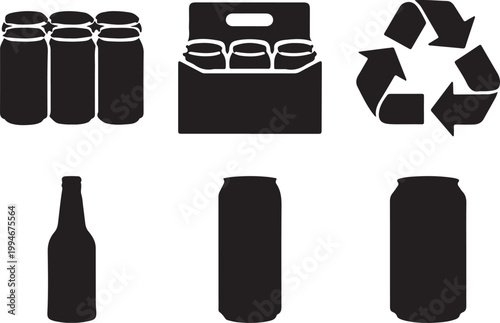 Aluminum drink can collection of 6 with soda, beer pack and recycling icon