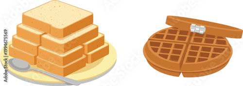 Breakfast Food Vector Illustration Featuring Toast Bread Stack with Butter and Syrup Waffles Isolated on White Background for Menu Design and Packaging