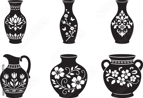  Decorative ceramic vase silhouettes with floral patterns and ornamental designs