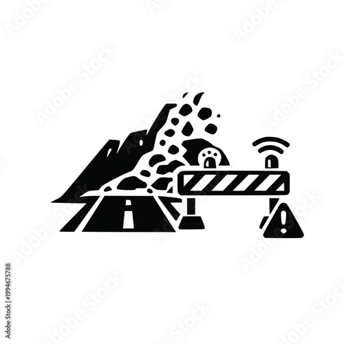 Landslide blocked road icon vector for mountain hazard and transport disruption