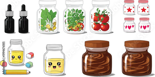 Glass jars and bottles collection with herbs, tomatoes, dropper bottles, honey jars and cute kawaii containers vector illustration set