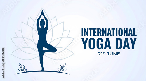 International Yoga Day 21st June Illustration with Woman in Tree Pose Lotus Background Minimal Wellness Design