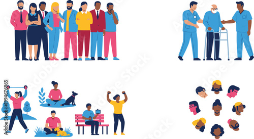 Workplace diversity, healthcare support, wellness activities, inclusive teamwork, and professional collaboration in modern environments promoting balance and inclusion