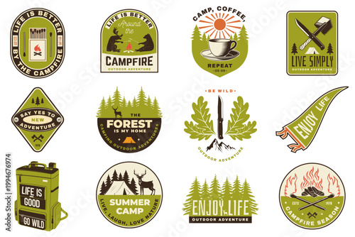 Camping badges and stickers bundle vector collection with outdoor adventure designs campfire forest coffee knife backpack and summer camp emblems for t shirt print decal set isolated background