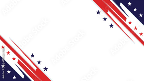 Abstract American themed background with copy space for text and flag elements like stars and abstract shapes with red, white, and blue color on right and left corner.