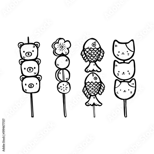 Hand-drawn doodle of Japanese dango sweets on sticks with four different varieties. Cute and playful dessert illustration perfect for food designs, menus, posters, packaging, and social media.