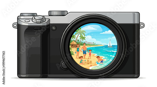 Beach scene reflected in a digital camera's lens, sunny day with people, palm trees, and sailboat in a cartoon artistic style.