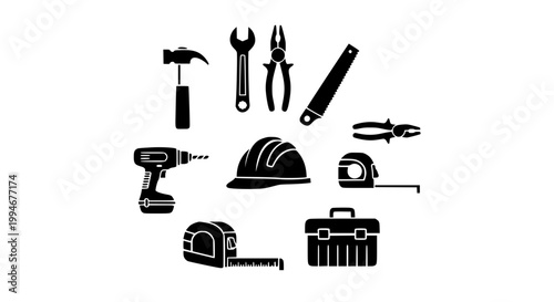 Construction working tools vector icon set black flat illustration for web mobile apps and design