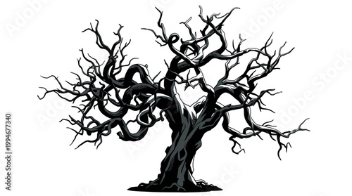 A highly stylized black silhouette of a twisted ancient tree with sprawling branches on white background, gothic surrealism, symbolizing eerie mysticism and nature's abstract form.