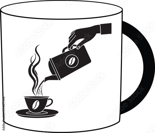 A vector illustration of a hot coffee mug and steaming tea cup design featuring a brown espresso beverage and morning caffeine aroma for a cafe breakfast icon