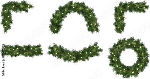 Green Christmas Garland Vector Set Featuring Decorative Holiday Foliage Shapes Including Wreath, Borders, and Curved Swags in Realistic Style for Festive Design
