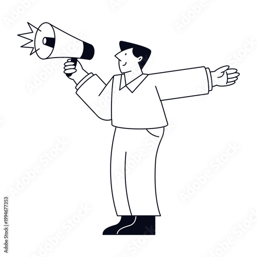 Male character holding a megaphone making a loud public announcement