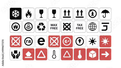 A grid of shipping and handling instruction including fragile, keep dry, this side up, temperature control, and recycling symbols, presented in black and white and red and white square boxes