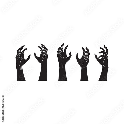 Zombie Hands Silhouette Reaching Upward Creepy Halloween Horror Elements Isolated on White
