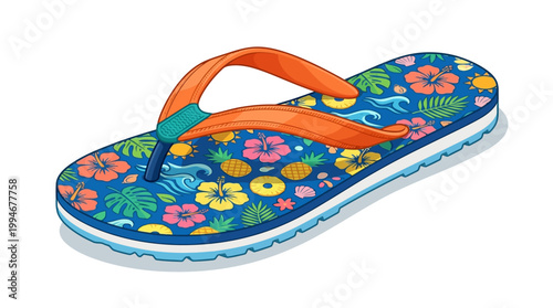 Vibrant floral patterned women's summer flip flop with orange straps and colorful flowers on blue background, product photography, casual footwear, fashion accessory