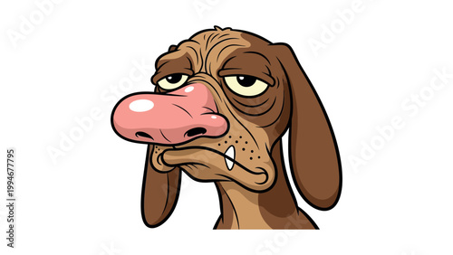 A cartoon dog with a sad expression looks to the side on a white background.