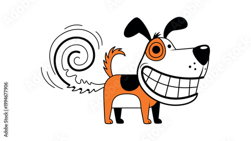 A cartoon dog with a wide smile and swirling tail is depicted standing.