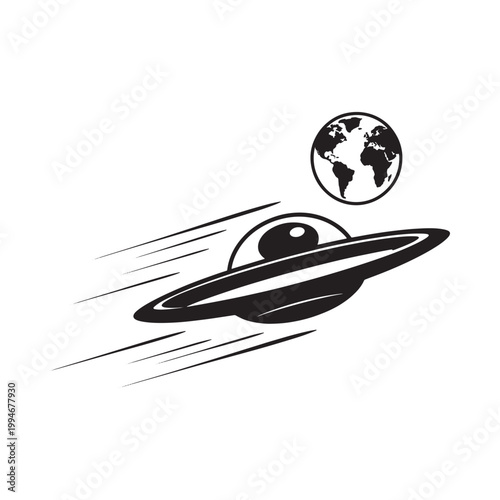 A black silhouette of a flying saucer with earth in the background