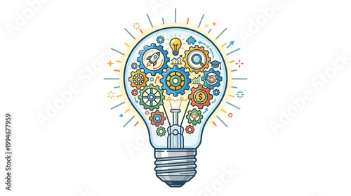 Vibrant lightbulb with colorful gears, cogs, and symbols inside, representing creative idea, innovation, inspiration, and intellectual insight on a plain white background in a stylized artis