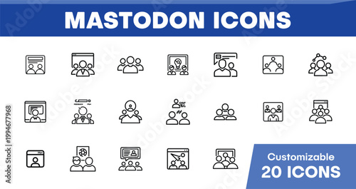 Mastodon Icons, a customizable vector set of 20 social media and community network symbols, perfect for web design and app development.