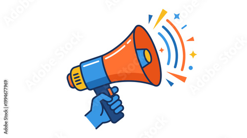 Vibrant cartoon hand holding megaphone with sound waves and sparks, modern flat design, communication and announcement concept