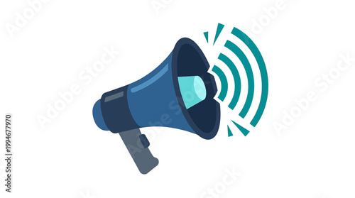 Vibrant blue megaphone with dynamic sound waves emitting from it in a modern minimalist graphic design style for communication and announcement concepts