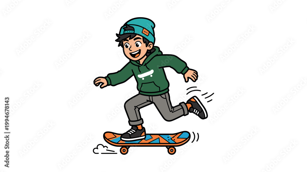 Fototapeta premium Teenager wearing green hoodie rides skateboard with motion lines around him outdoors