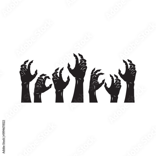 Zombie Hands Silhouette Reaching Upward Creepy Halloween Horror Elements Isolated on White
