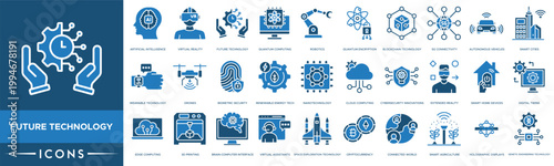 Future technology icons set with digital transformation and innovation symbols in blue and black colors