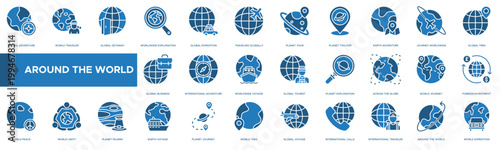 Set of blue and black icons about travel and around the world transportation and global communication