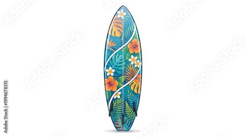 Vibrant tropical floral surfboard standing upright on white background, stylized colorful design, summer ocean leisure activity, recreational sports equipment, detailed artistic rendering